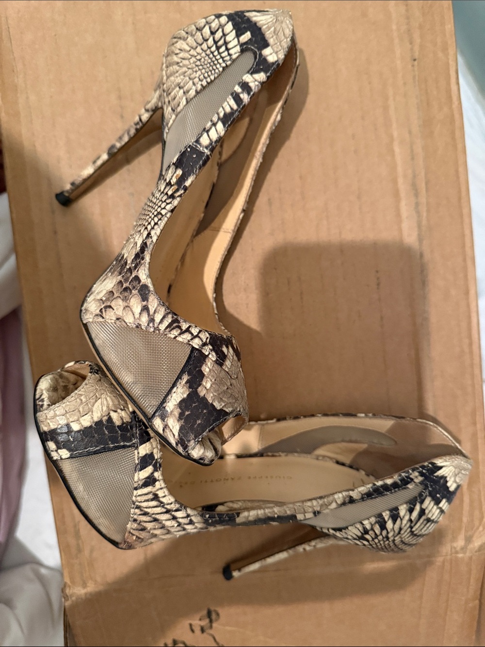 Giuseppe Zanotti Beige and Black Snake-Print Peep-Toe Stiletto Heels